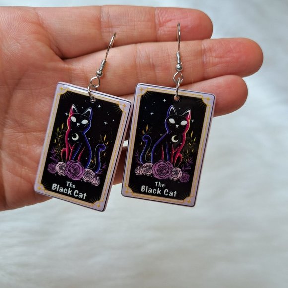 Black Cat Print Tarot Design Earrings - Picture 2 of 3
